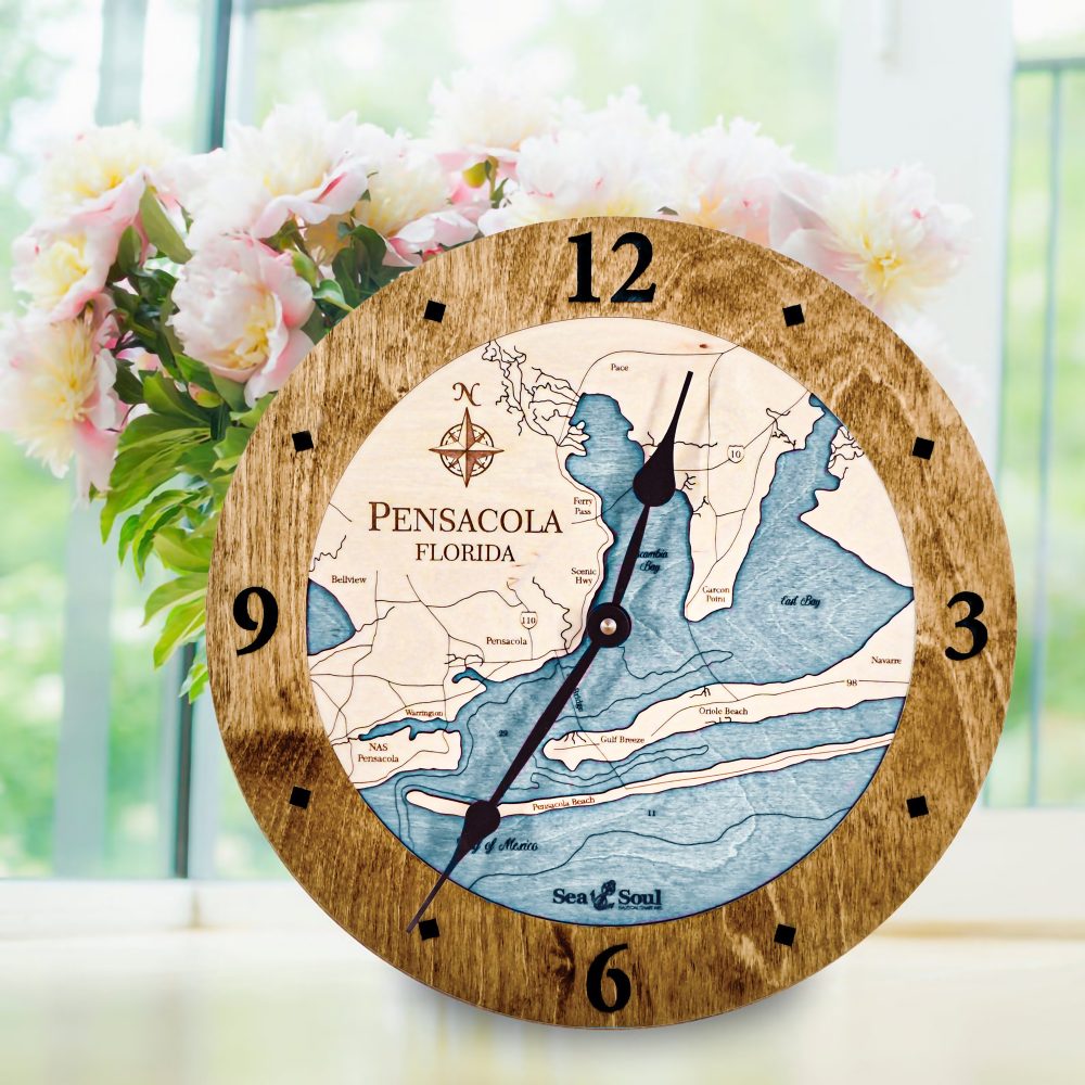 Pensacola Nautical Clock Americana Accent with Blue Green Water on Table with Flowers
