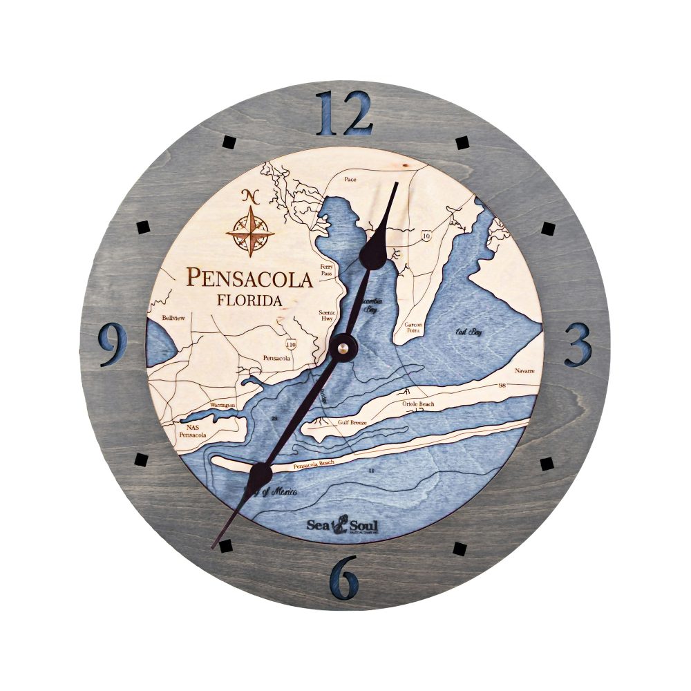 Pensacola Nautical Clock Driftwood Accent with Deep Blue Water