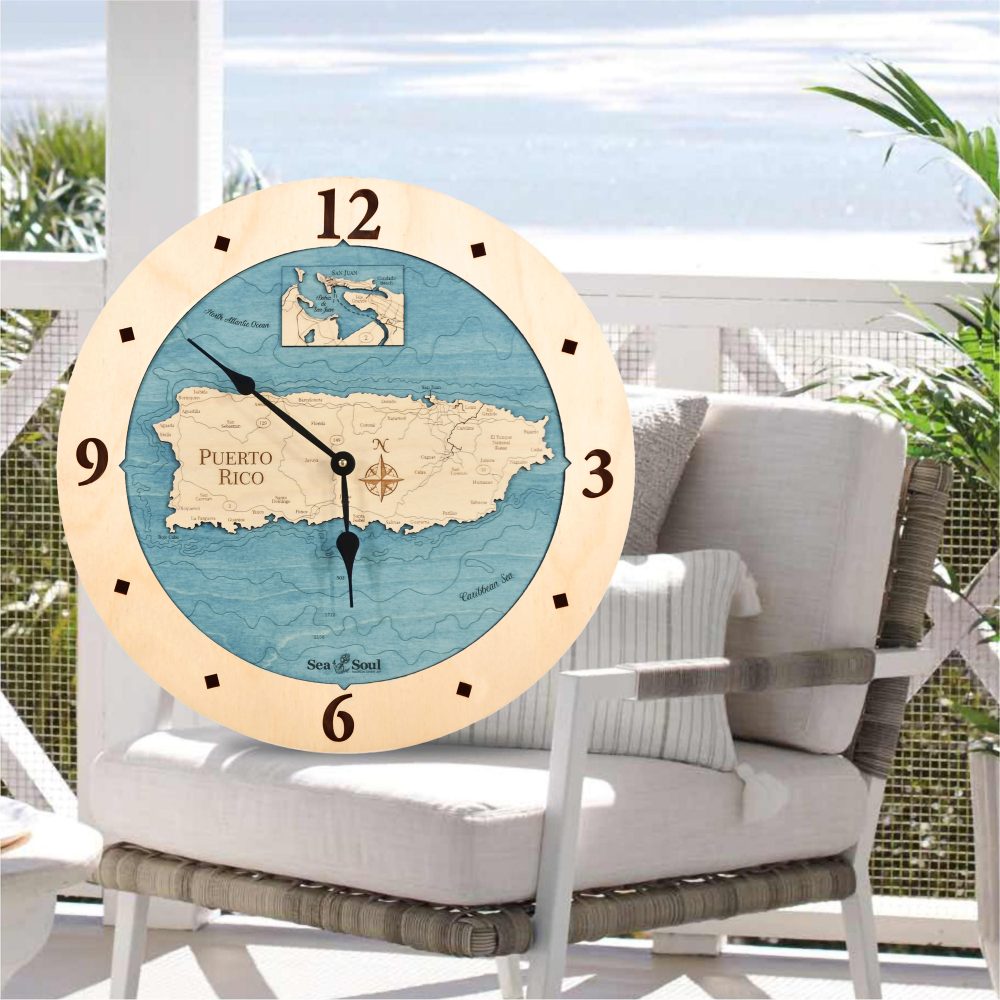 Puerto Rico Nautical Clock Birch Accent with Blue Green Water on Chair