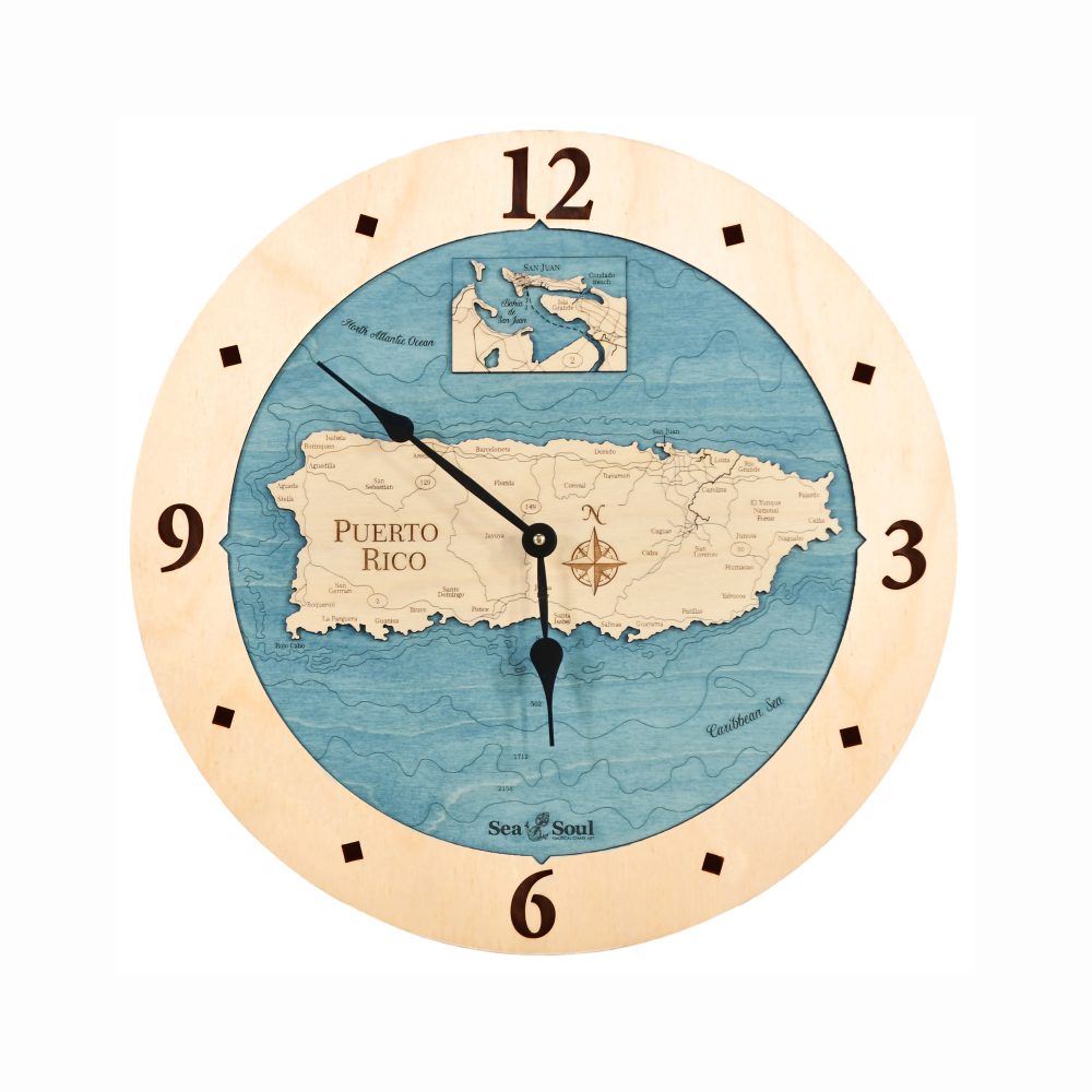 Puerto Rico Nautical Clock Birch Accent with Blue Green Water
