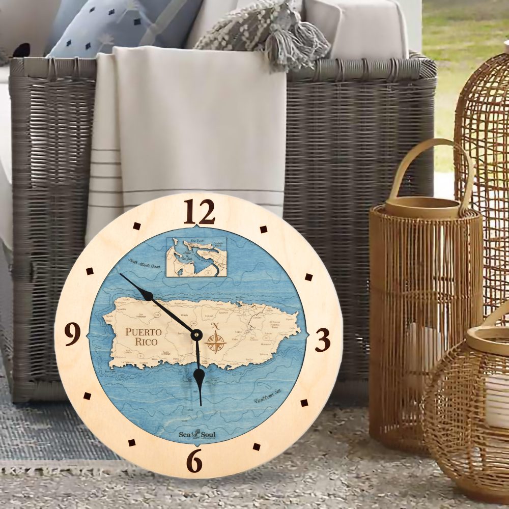 Puerto Rico Nautical Clock Birch Accent with Deep Blue Water by Whicker Chair
