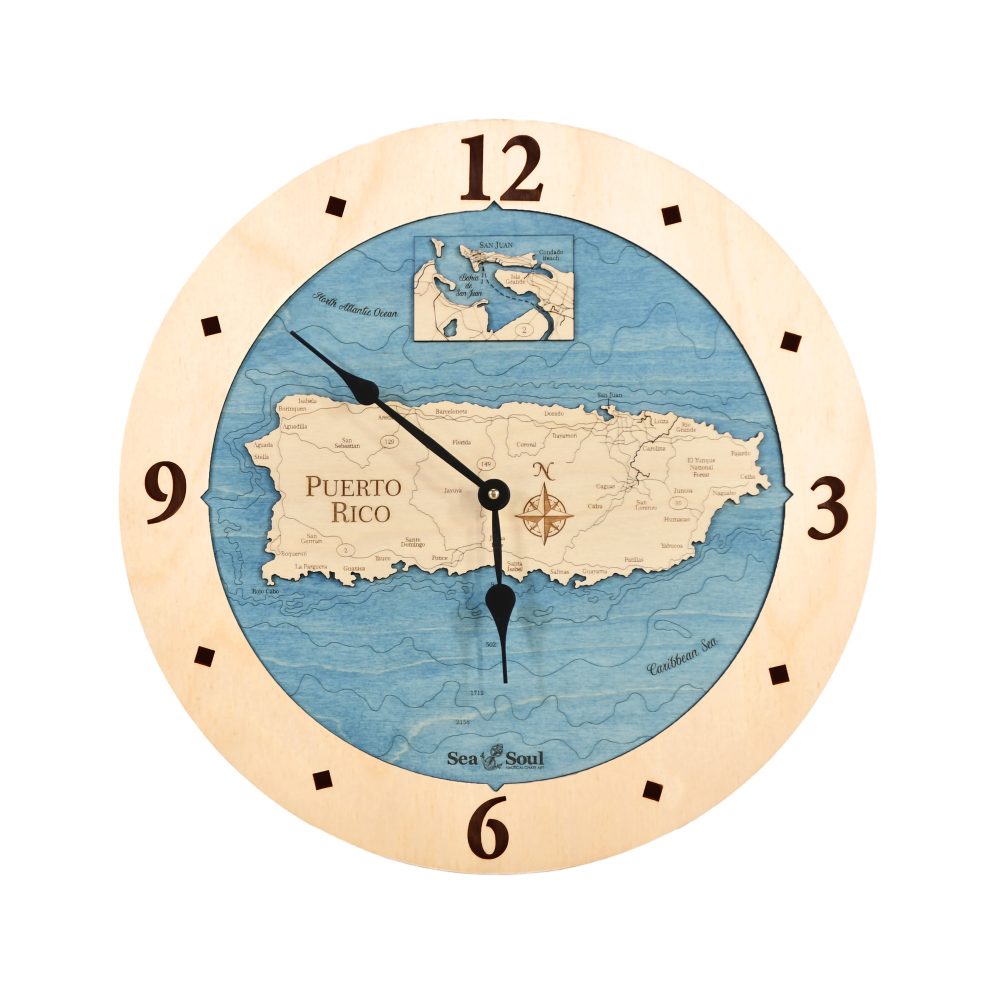 Puerto Rico Nautical Clock Birch Accent with Deep Blue Water