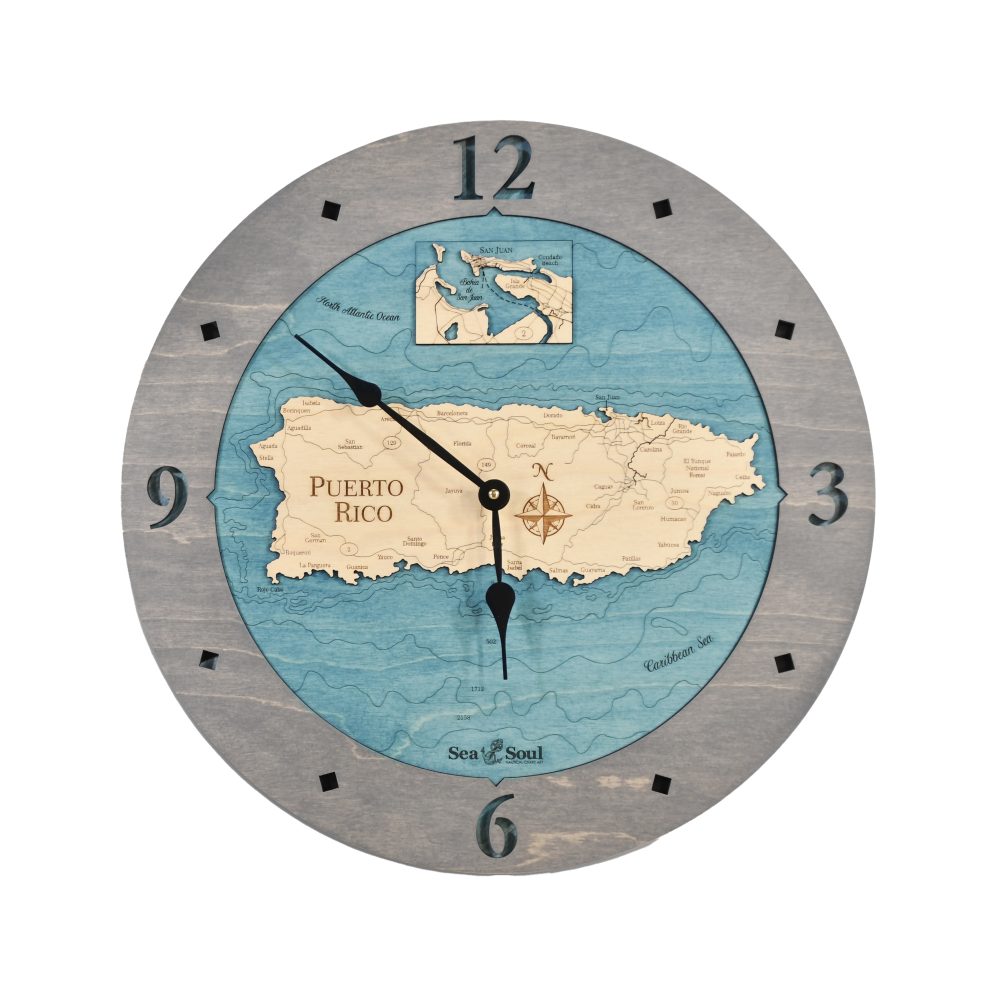 Puerto Rico Nautical Clock Driftwood Accent with Blue Green Water