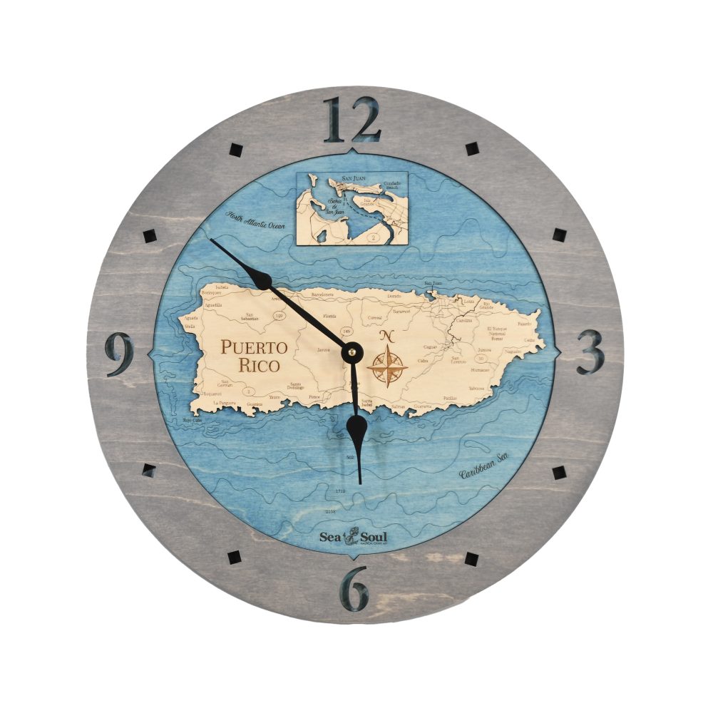 Puerto Rico Nautical Clock Driftwood Accent with Deep Blue Water