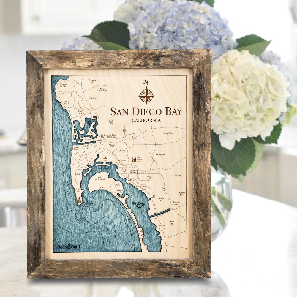 San Diego Bay Wall Art Pine Accent with Blue Green Water on Table with Flowers