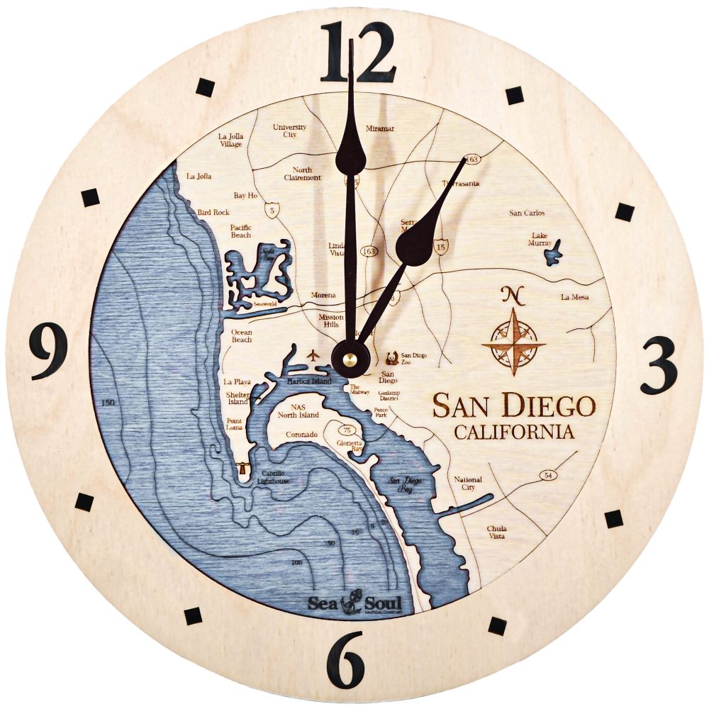 San Diego Bay Nautical Clock Birch Accent with Deep Blue Water Product Shot
