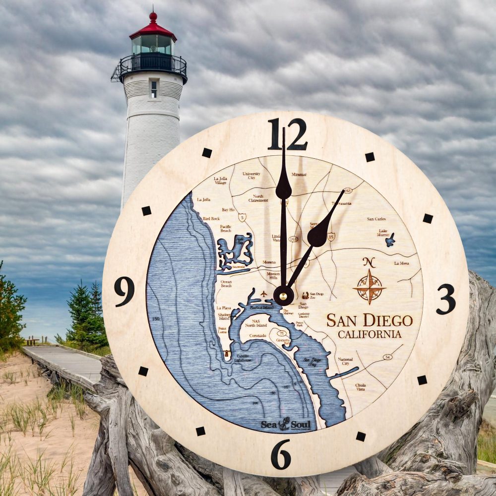 San Diego Bay Nautical Clock Birch Accent with Deep Blue Water by Lighthouse