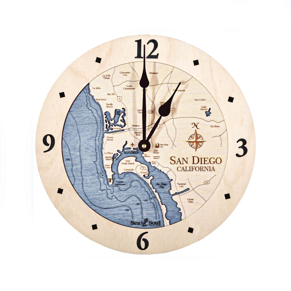 San Diego Bay Nautical Clock Birch Accent with Deep Blue Water