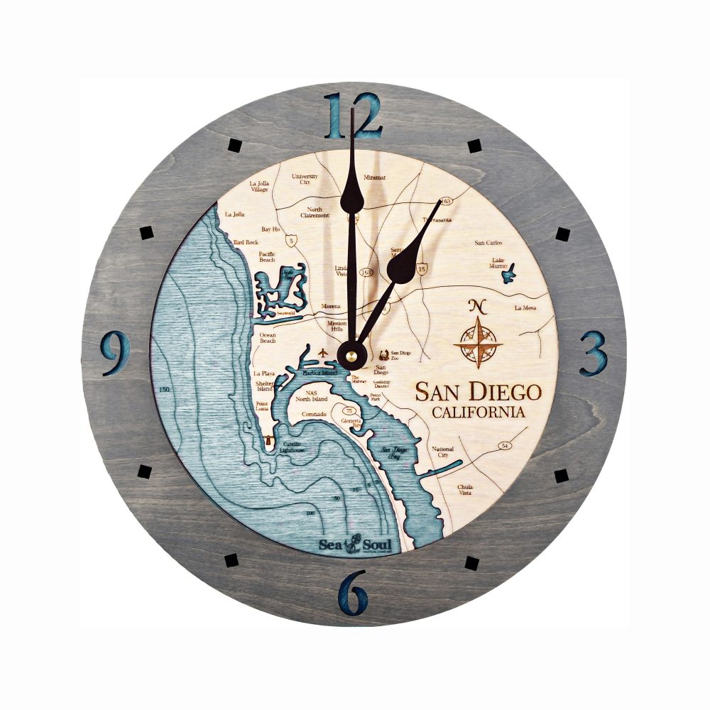 San Diego Bay Nautical Clock Driftwood Accent with Blue Green Water