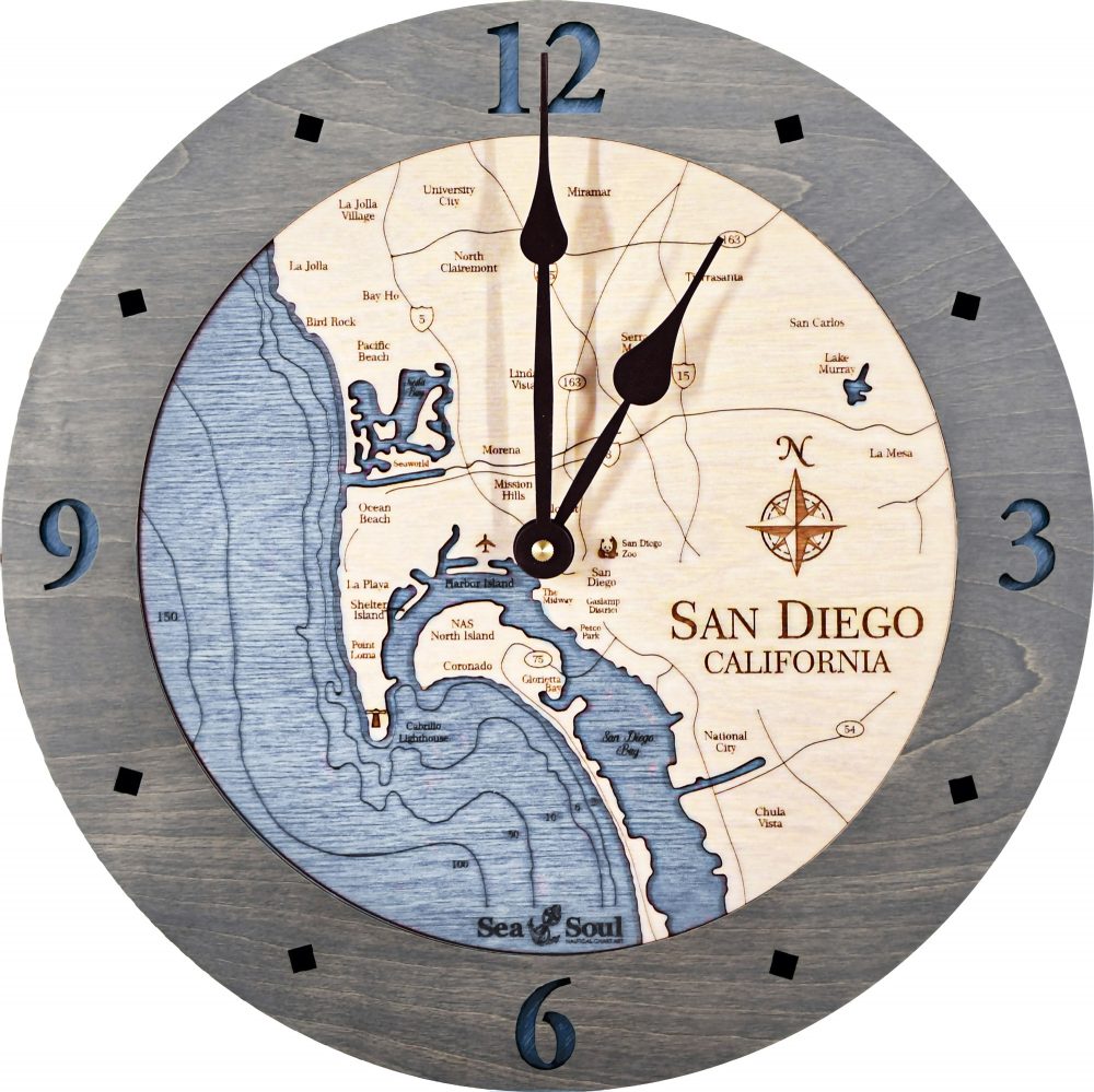 San Diego Bay Nautical Clock Driftwood Accent with Deep Blue Water Product Shot
