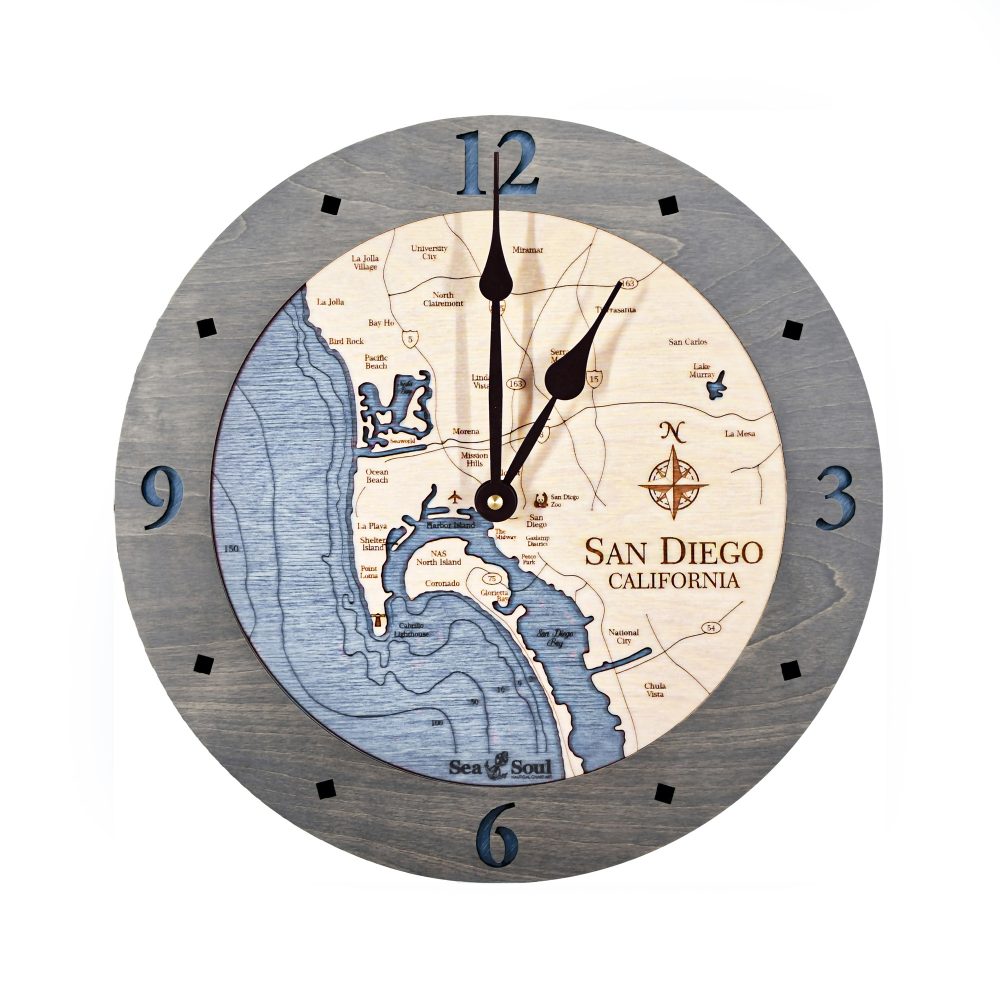 San Diego Bay Nautical Clock Driftwood Accent with Deep Blue Water