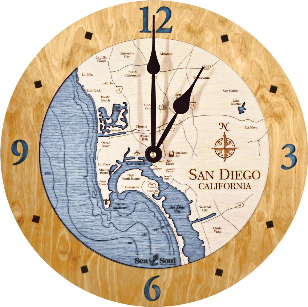 San Diego Bay Nautical Clock Honey Accent with Deep Blue Water Product Shot