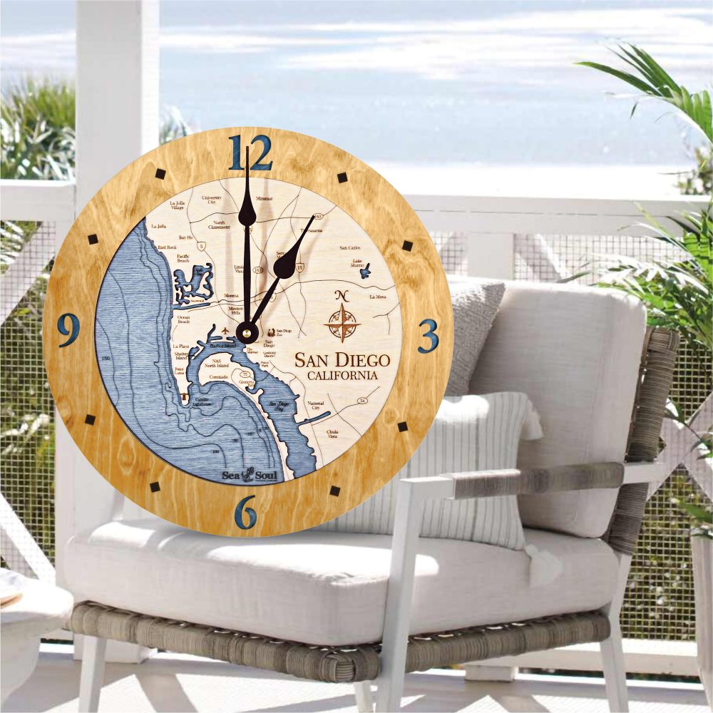 San Diego Bay Nautical Clock Honey Accent with Deep Blue Water on Chair