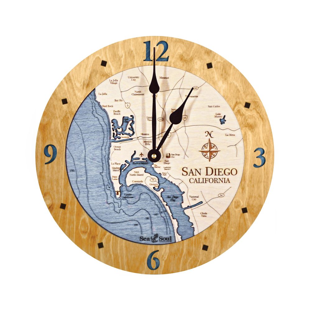 San Diego Bay Nautical Clock Honey Accent with Deep Blue Water