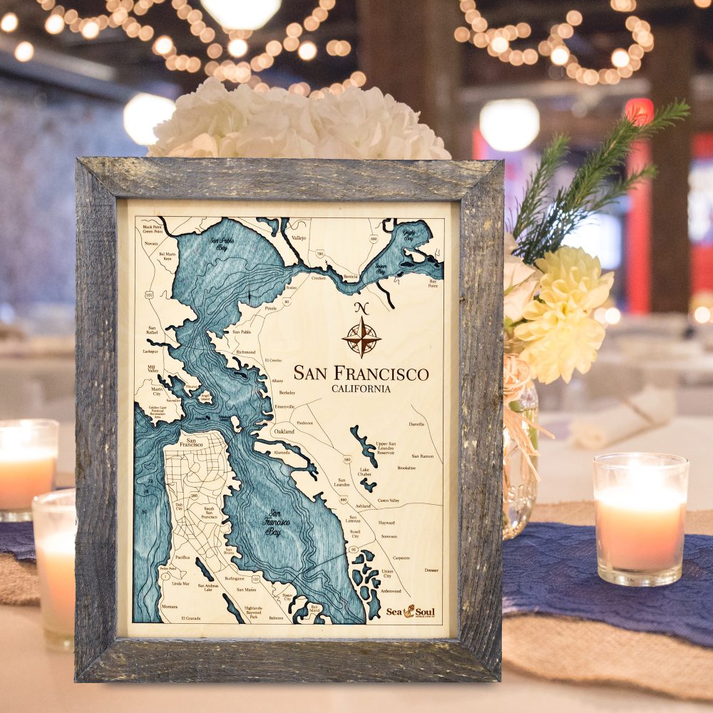 San Francisco Wall Art Pine Accent with Blue Green Water on Table with Candles