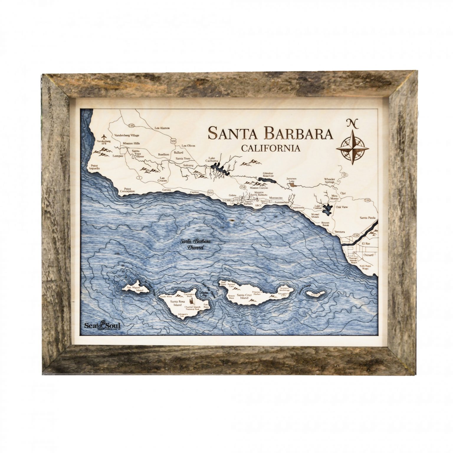 Santa Barbara Wall Art TwoLevel 3D Wood Map Sea and Soul Charts