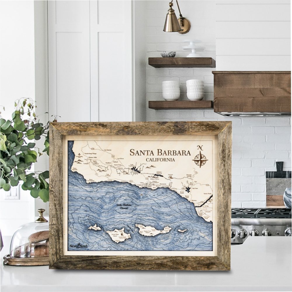 Santa Barbara Wall Art Rustic Pine Accent with Deep Blue Water on Countertop
