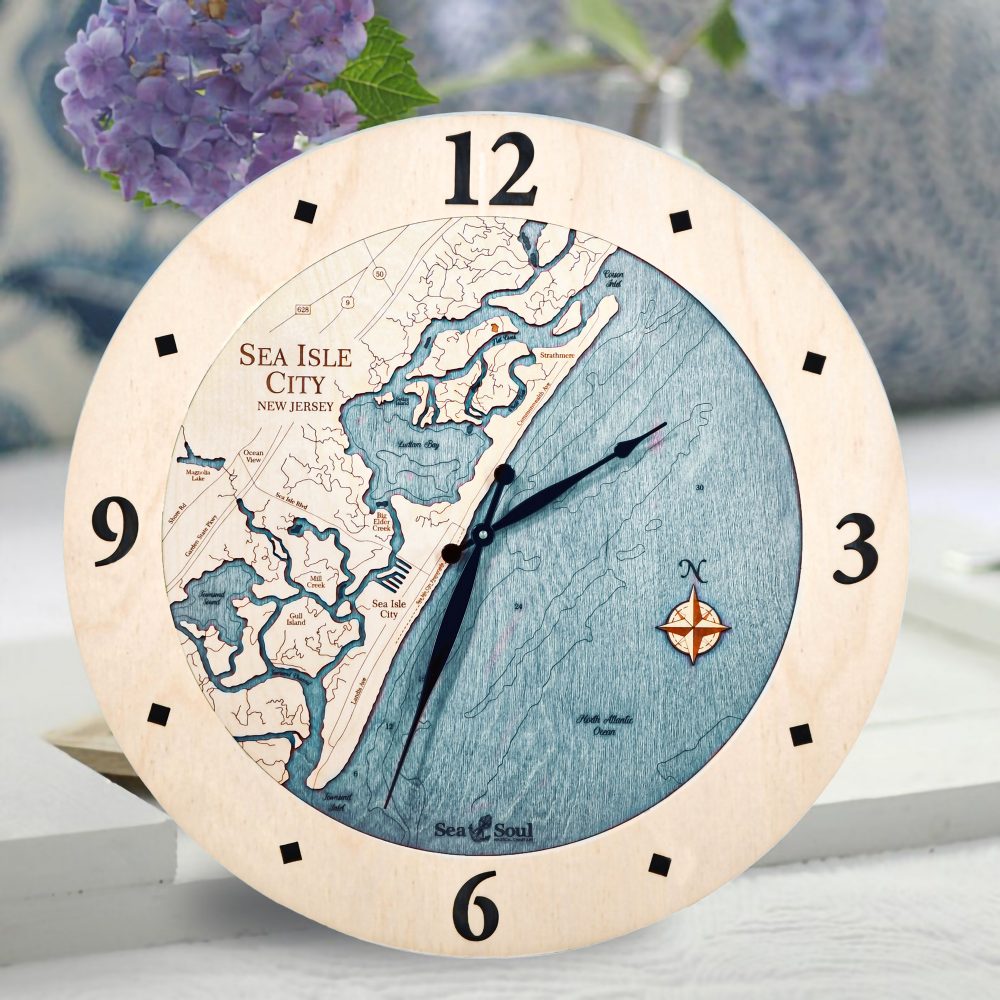 Sea Isle Nautical Clock Birch Accent with Blue Green Water Detail on Table with Flowers
