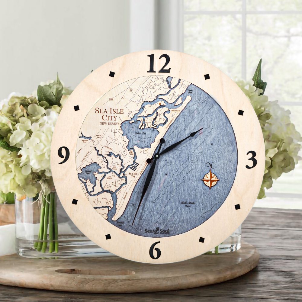 Sea Isle Nautical Clock Birch Accent with Deep Blue Water on Table with Flowers