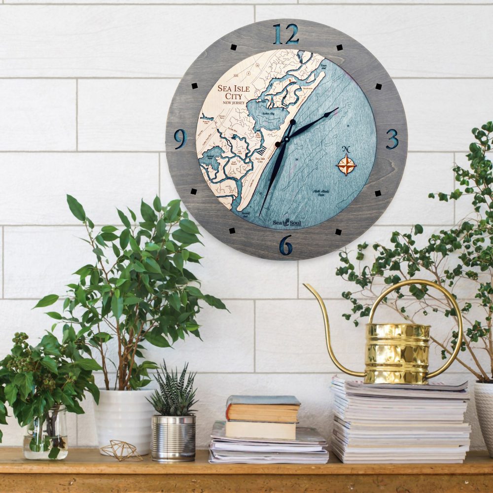 Sea Isle Nautical Clock Driftwood Accent with Blue Green Water on Wall