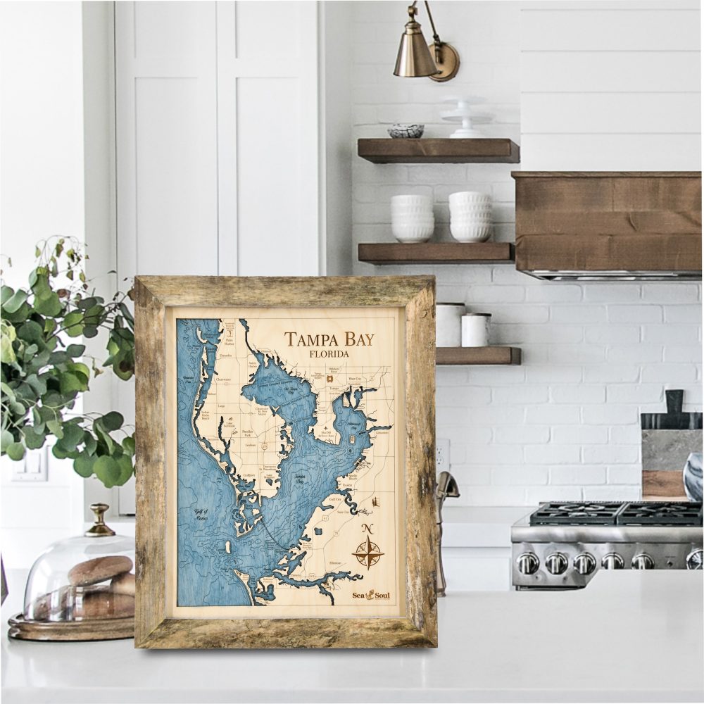 Tampa Bay Wall Art Rustic Pine with Deep Blue Water on Countertop