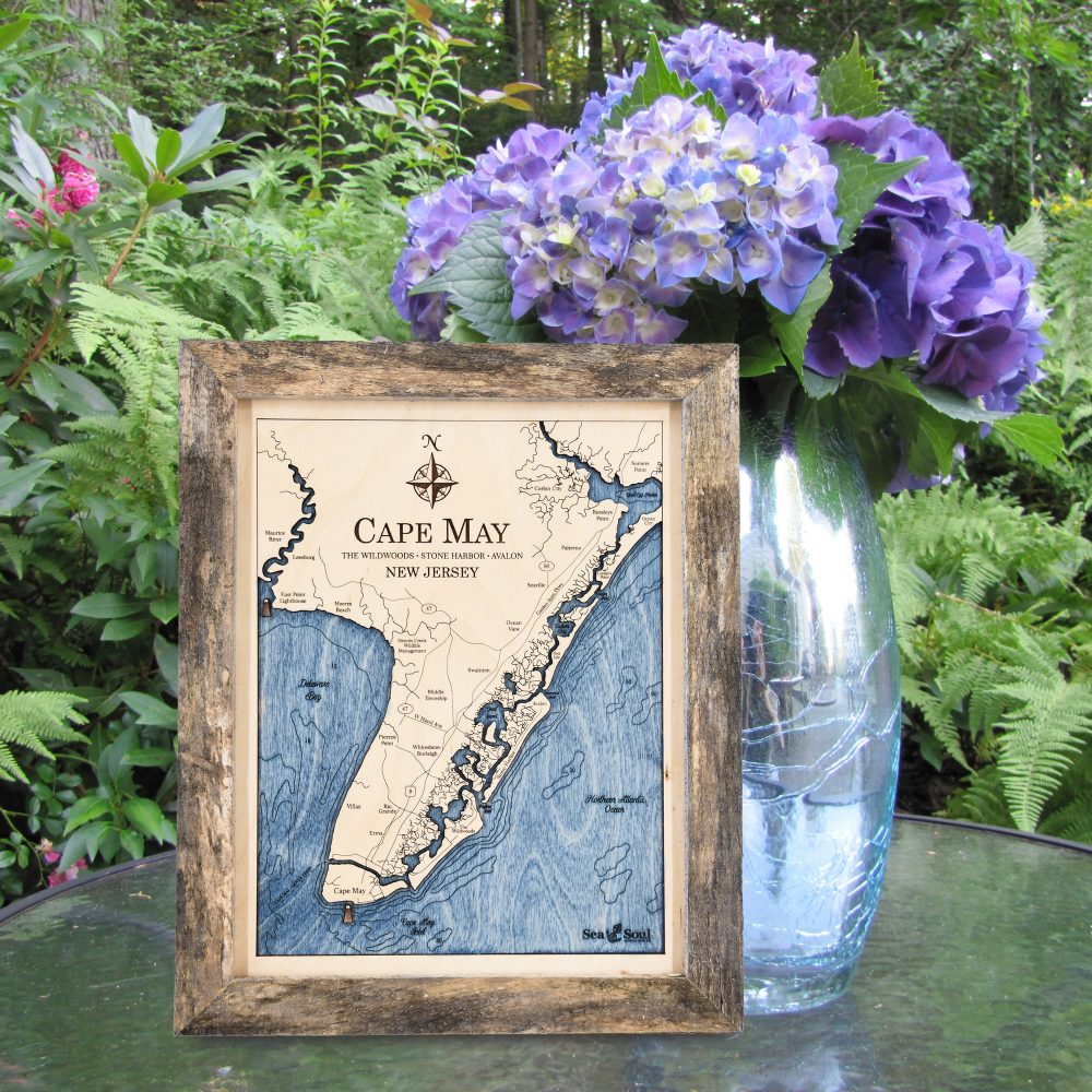 Cape May Wall Art Rustic Pine Accent with Deep Blue Water on Table with Flowers