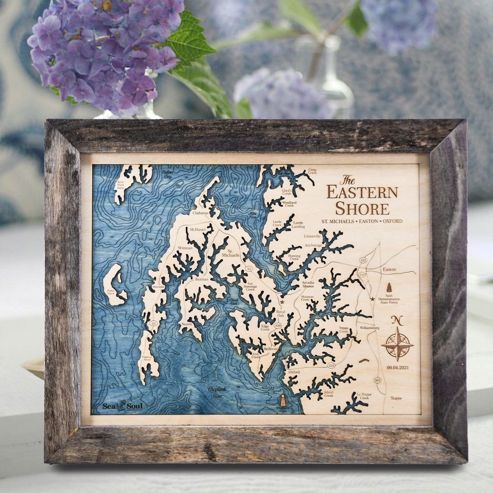 Eastern Shore Wall Art Rustic Pine Accent with Deep Blue Water on Table with Flowers