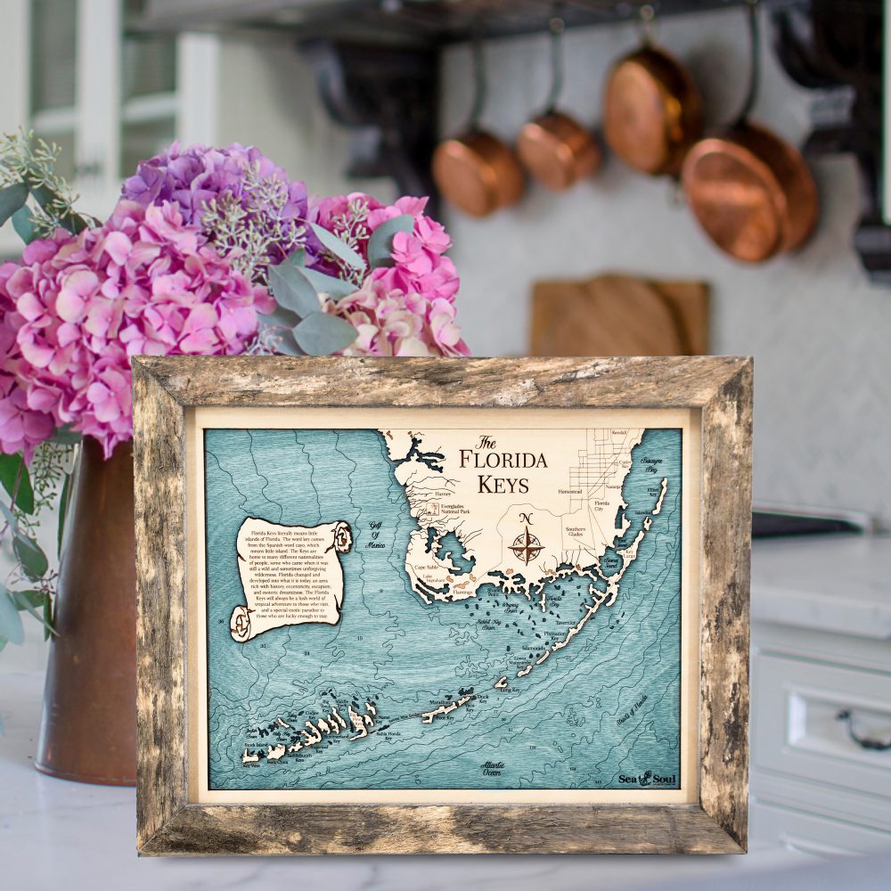 Florida Keys Wall Art 13x16 Rustic Pine Accent with Blue Green Water on Countertop with Flowers