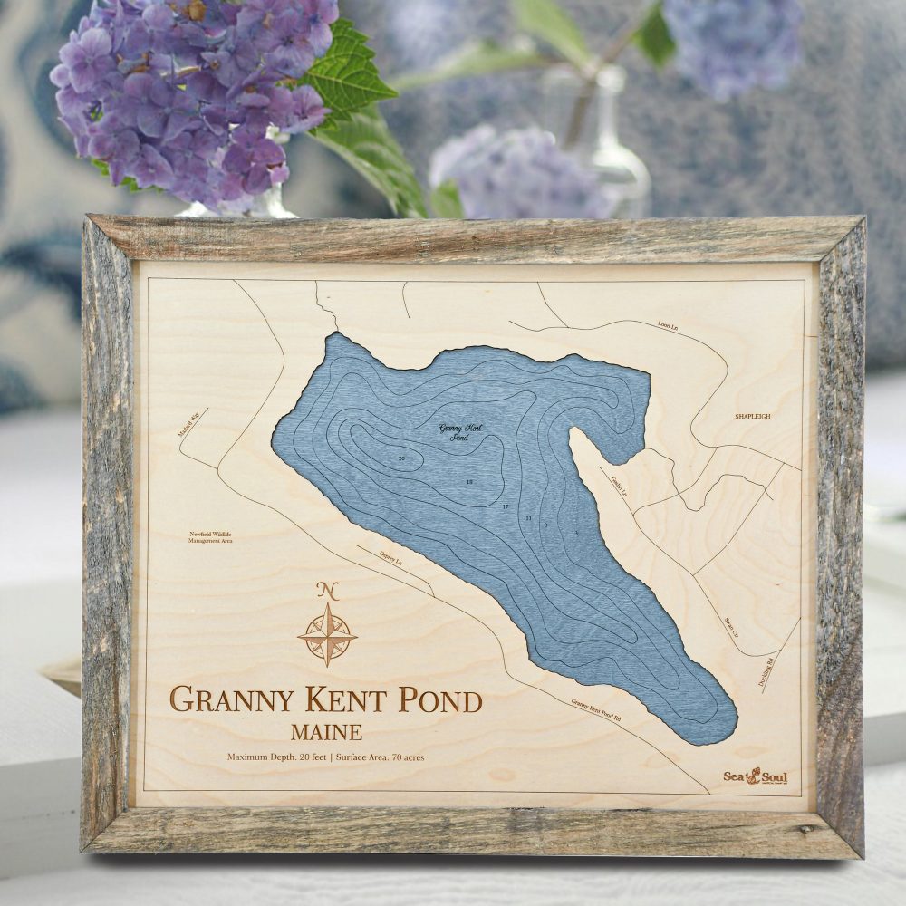 Granny Kent Pond Wall Art Rustic Pine with Deep Blue Water on Table with Flowers