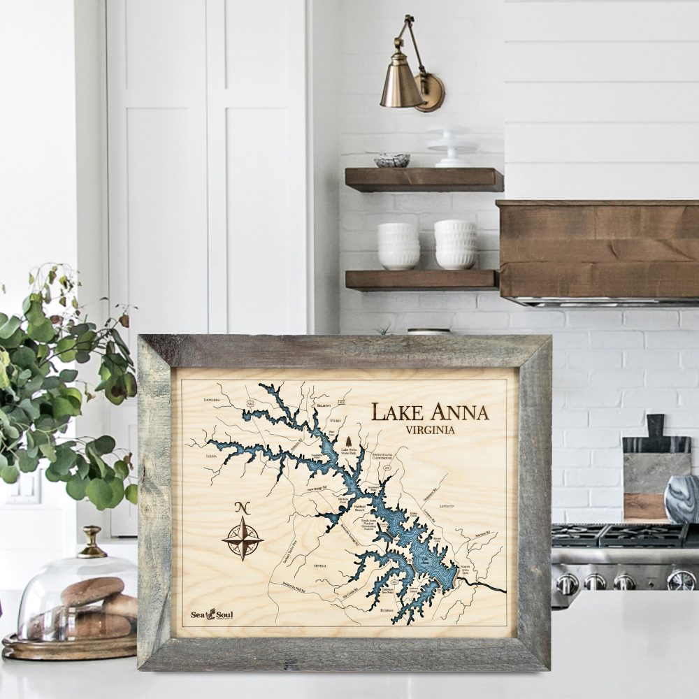 Lake Anna Wall Art 13x16 Rustic Pine Accent with Deep Blue Water on Countertop