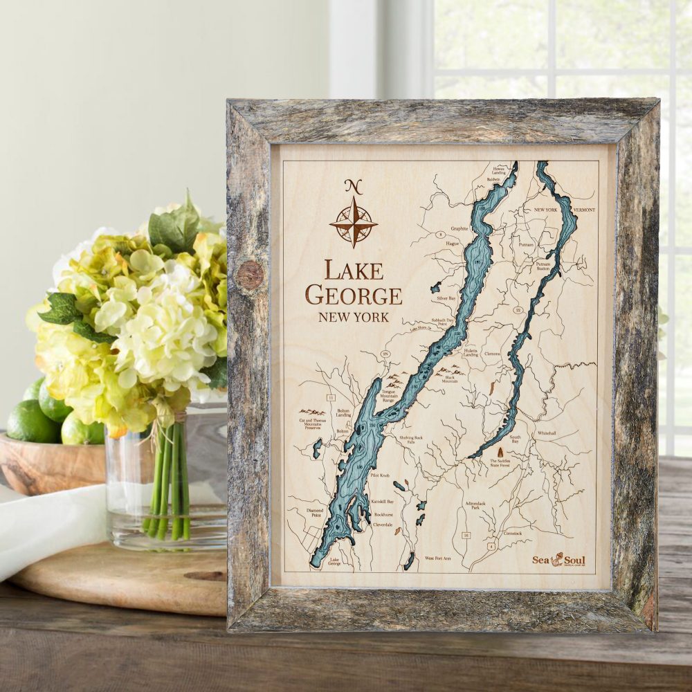 Lake George Wall Art Rustic Pine Accent with Blue Green Water on Table with Flowers