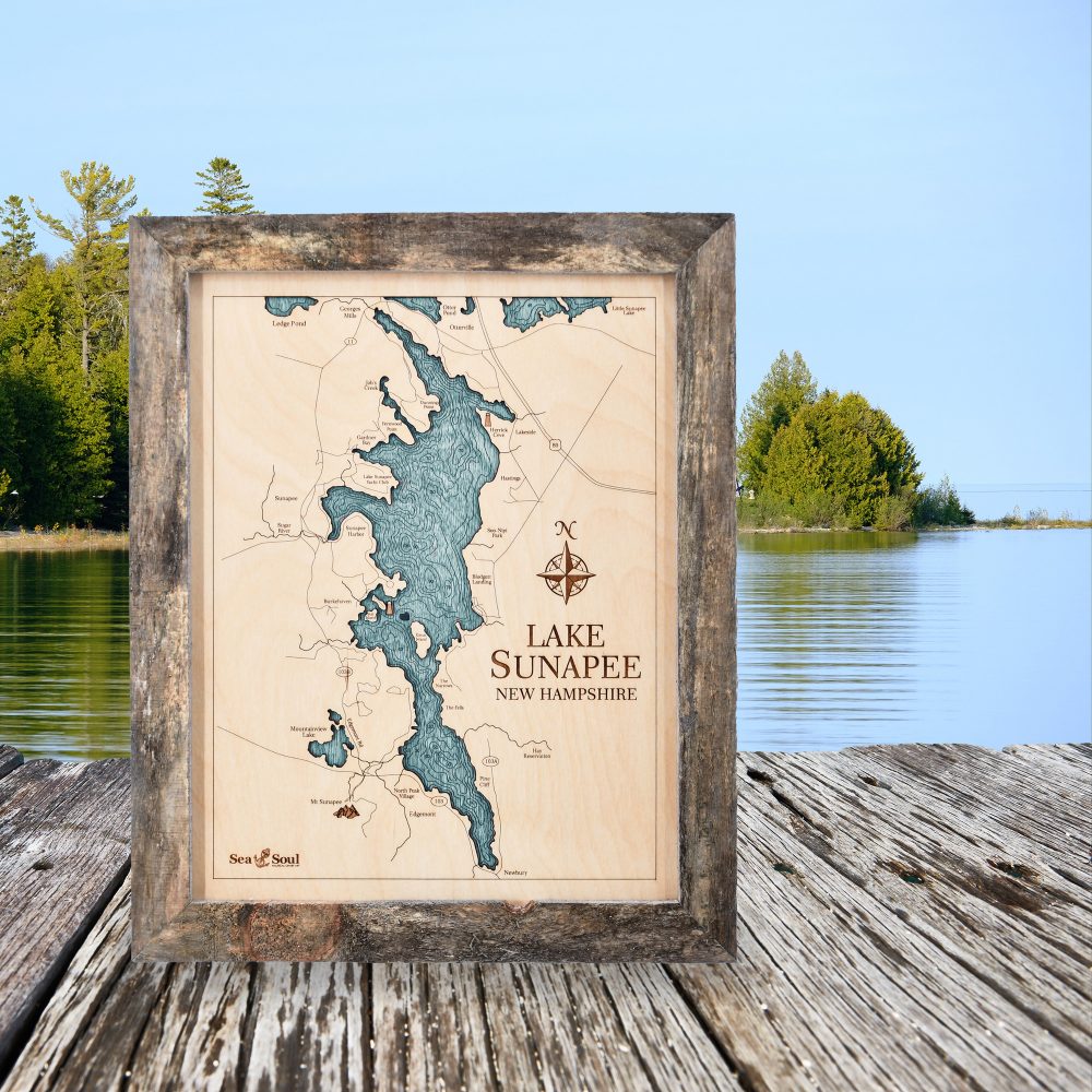 Lake Sunapee Wall Art Rustic Pine with Blue Green Water on Dock by Waterfront