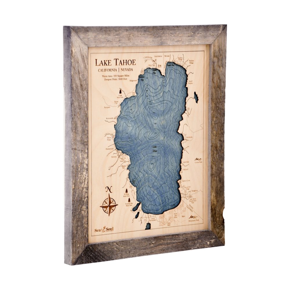 Lake Tahoe Wall Art 13x16 Rustic Pine Accent with Deep Blue Water Angle Shot 1