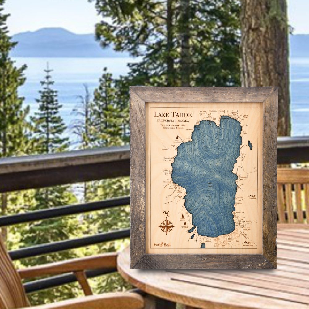 Lake Tahoe Wall Art 13x16 Rustic Pine Accent with Deep Blue Water on Outdoor Table