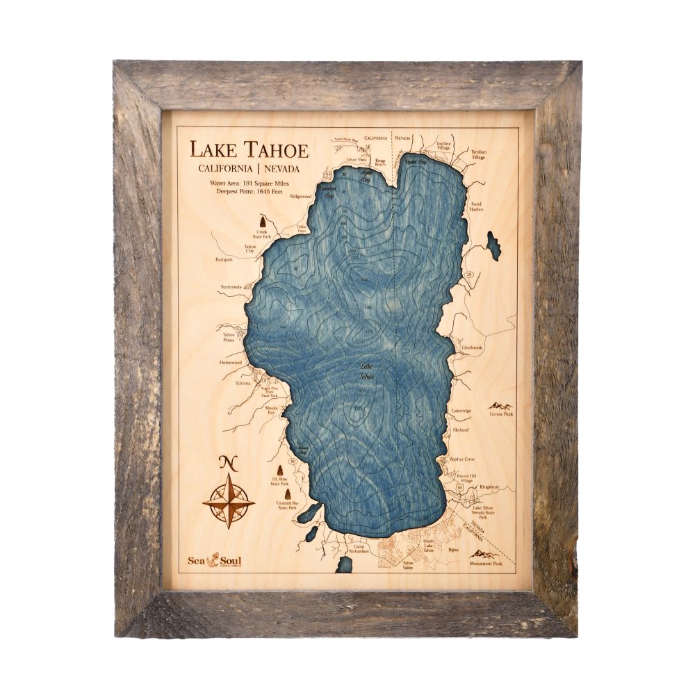 Lake Tahoe Wall Art 13x16 Rustic Pine Accent with Deep Blue Water