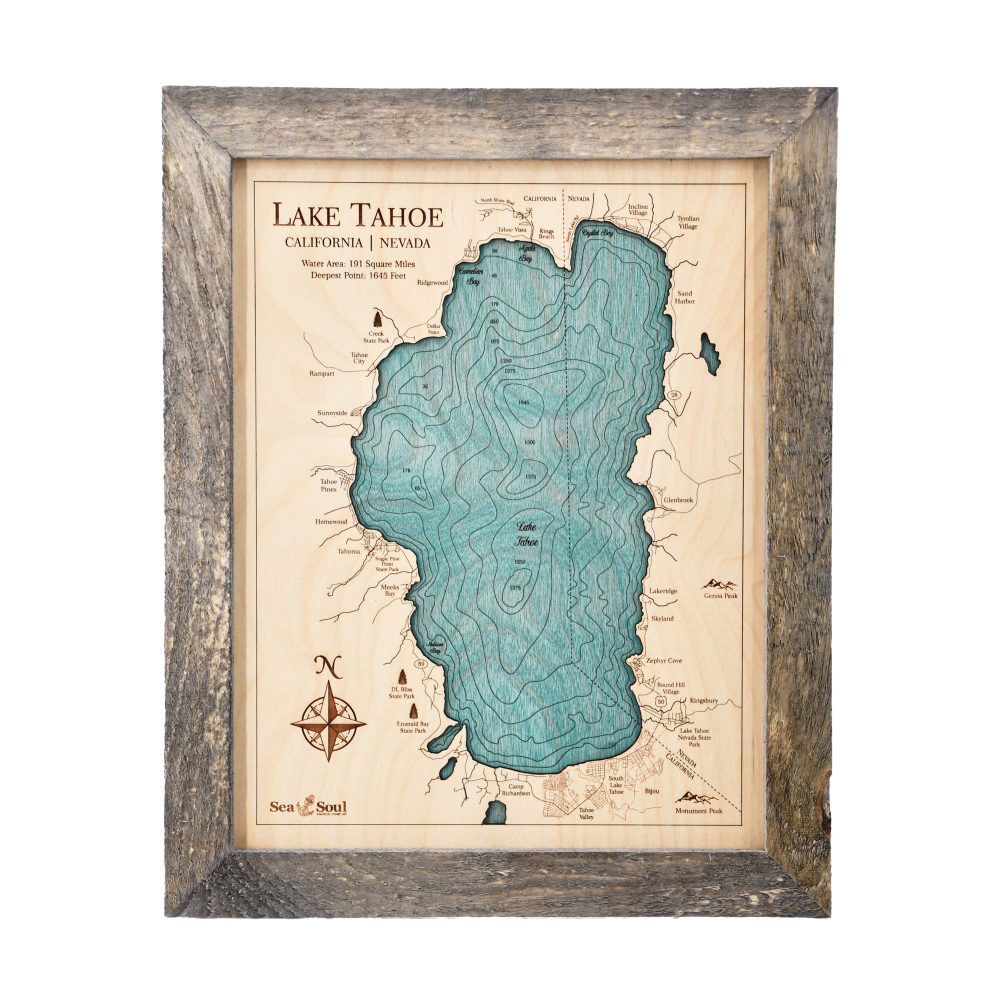 Lake Tahoe Wall Art 13x16 Rustic Pine Accent with Blue Green Water