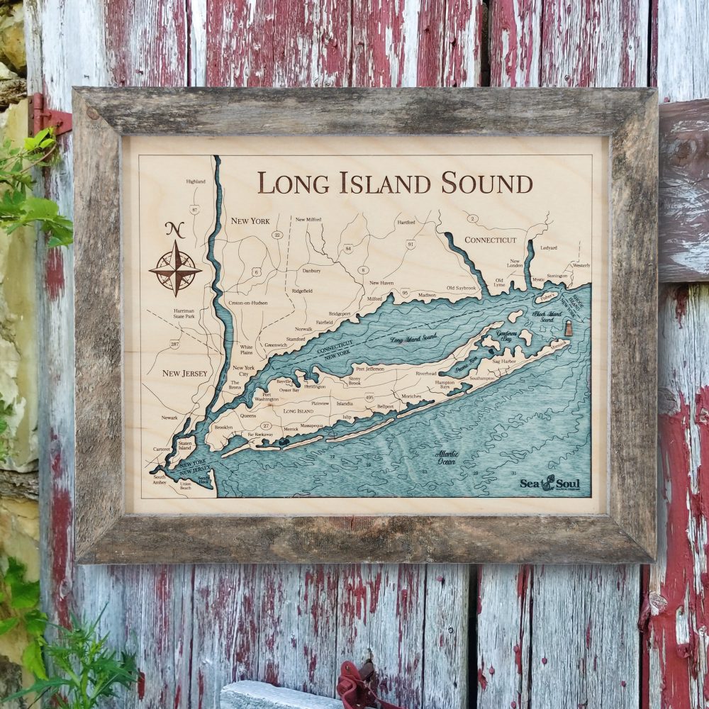 Long Island Sound Wall Art Rustic Pine with Blue Green Water Hanging on Fence