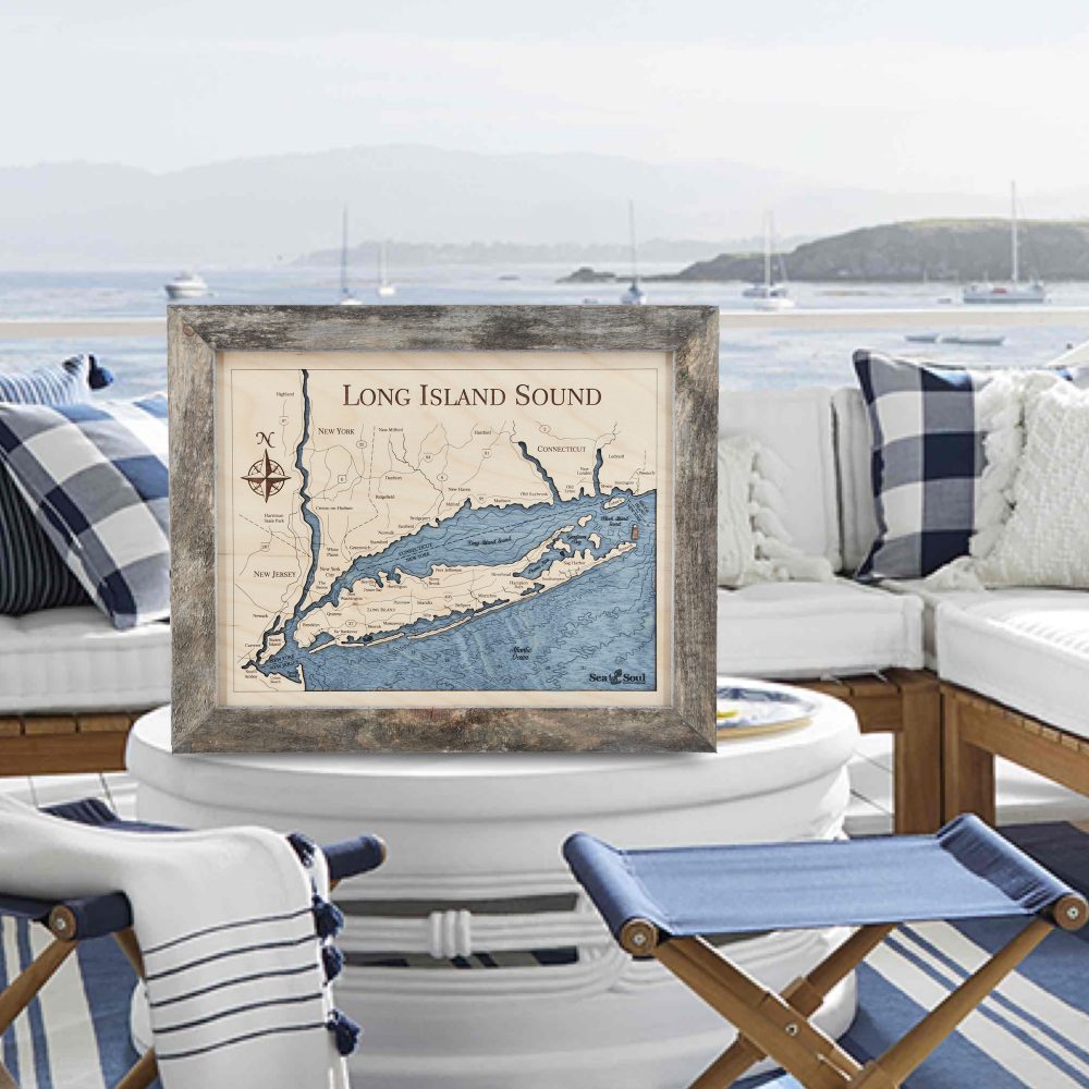 Long Island Sound Wall Art Rustic Pine Accent with Deep Blue Water on Table