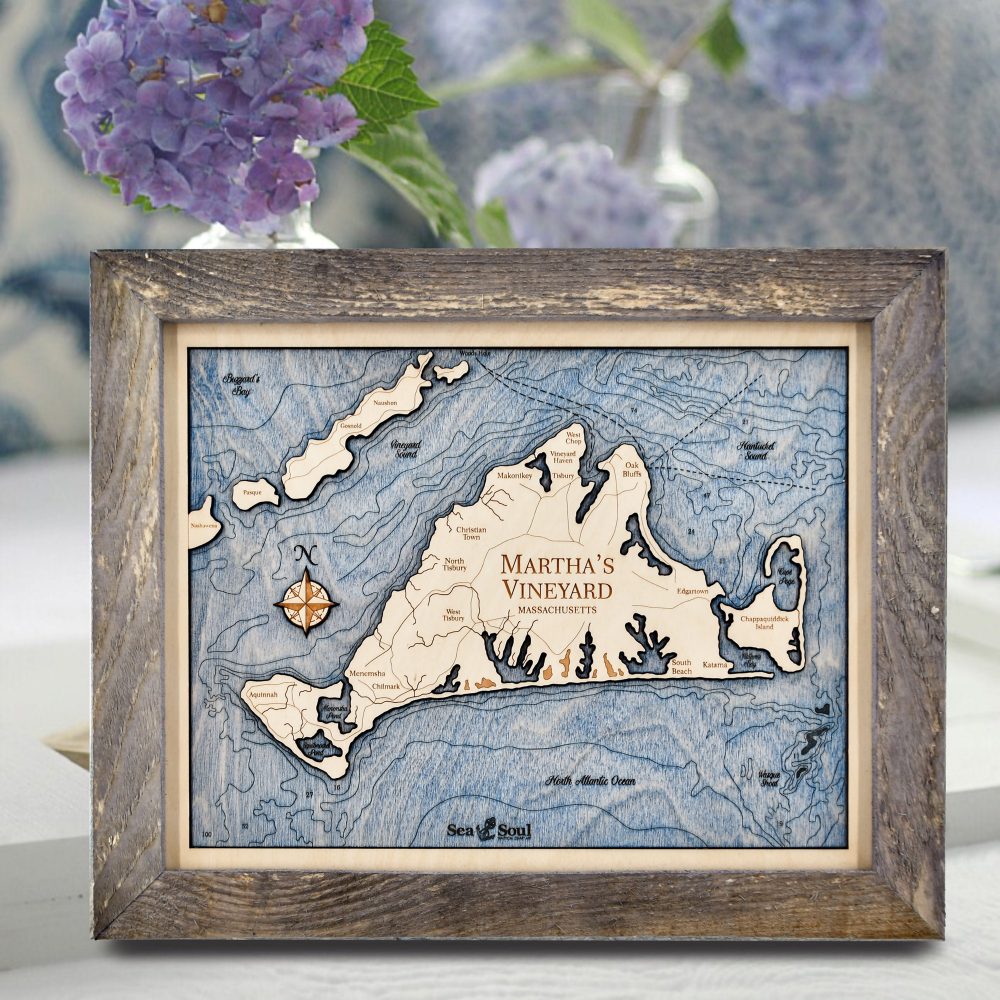 Martha's Vineyard Wall Art Rustic Pine Accent with Deep Blue Water on Table with Flowers