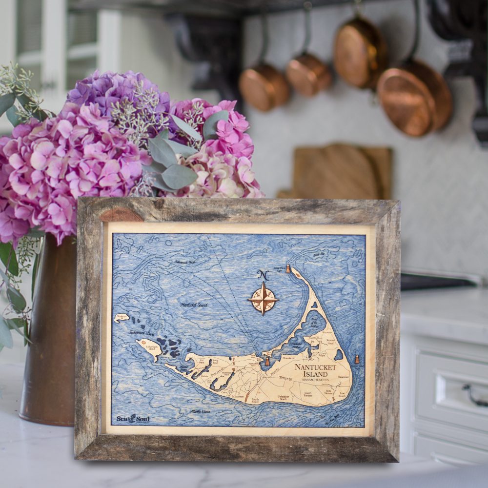 Nantucket Island Wall Art Rustic Pine with Deep Blue Water on Countertop with Flowers