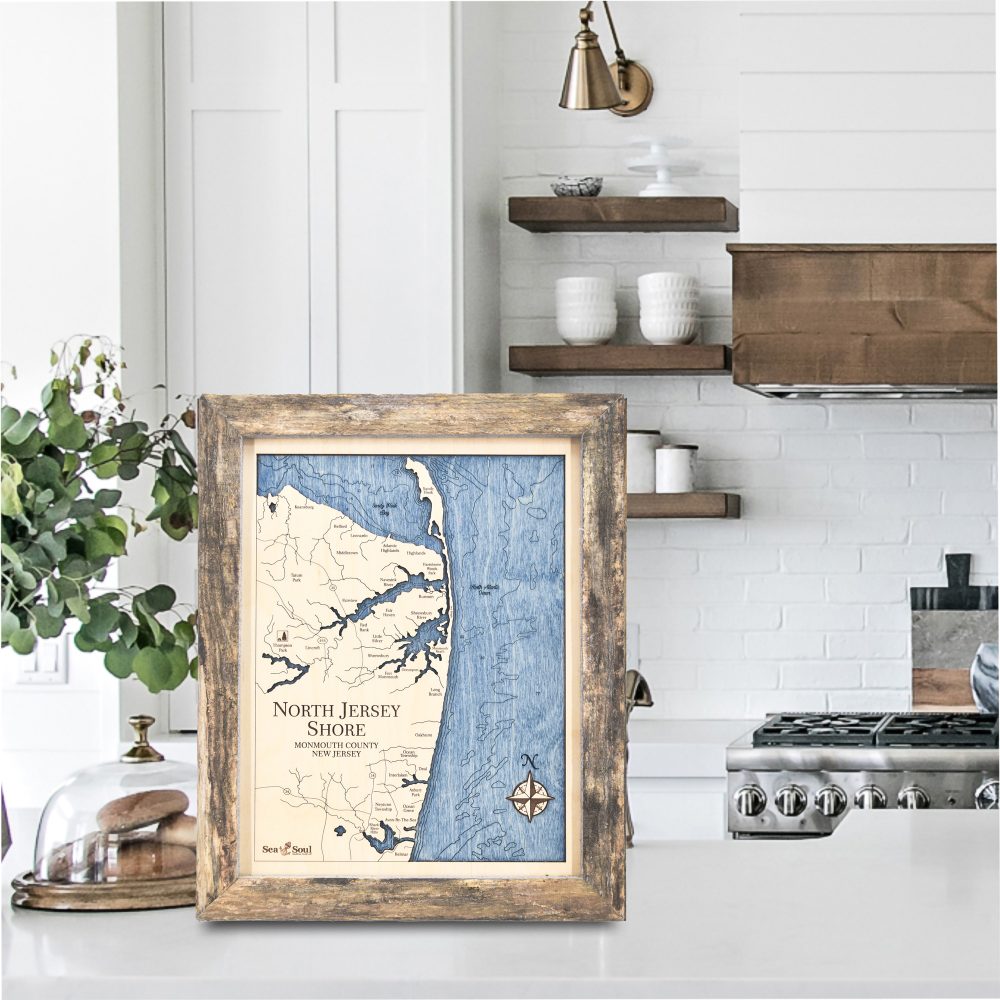 North Jersey Shore Wall Art Rustic Pine Accent with Deep Blue Water on Countertop