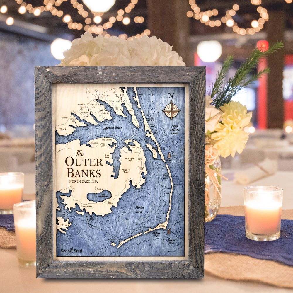 Outer Banks Wall Art Rustic Pine Accent with Deep Blue Water on Table with Flowers and Candles