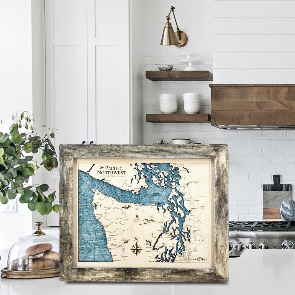Pacific Northwest Wall Art Rustic Pine with Blue Green Water on Countertop