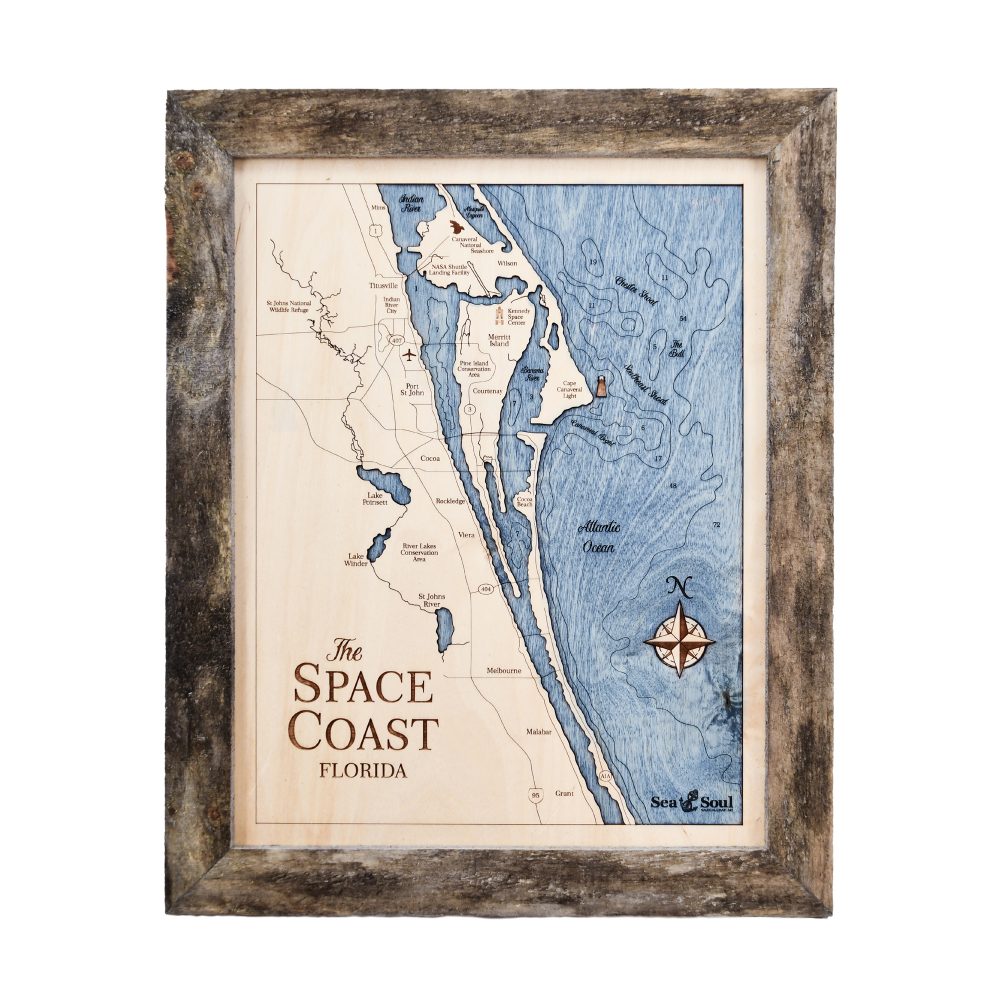 Space Coast Wall Art Rustic Pine Accent with Deep Blue Water