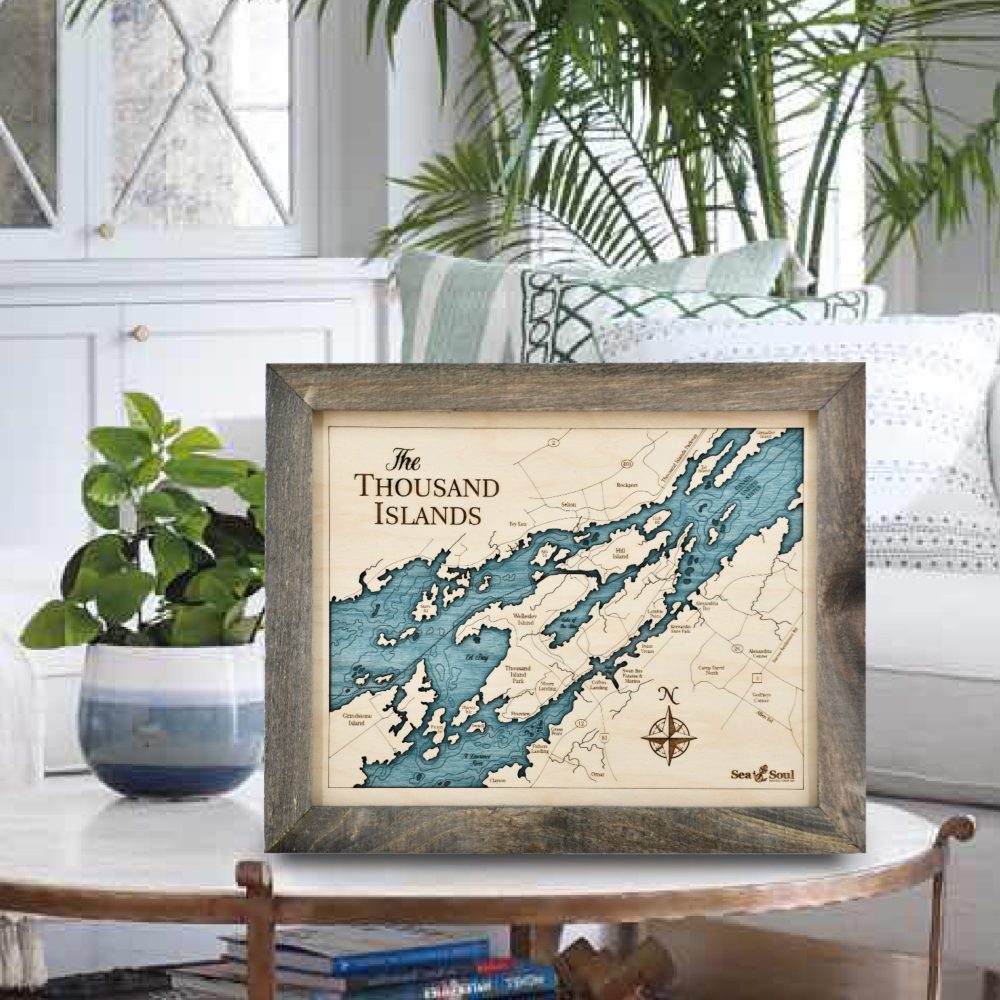 Thousand Islands Wall Art 13x16 Rustic Pine Accent with Blue Green Water on Coffee Table