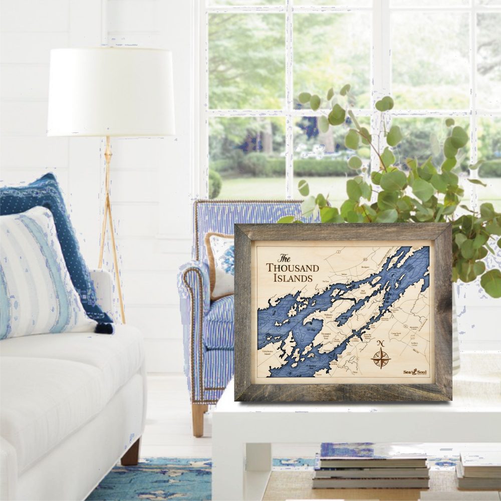 Thousand Islands Wall Art 13x16 Rustic Pine Accent with Deep Blue Water on Coffee Table