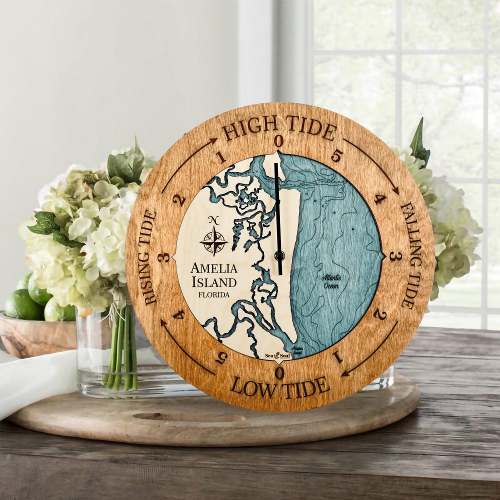 Amelia Island Tide Clock Americana Accent with Blue Green Water on Table with Flowers