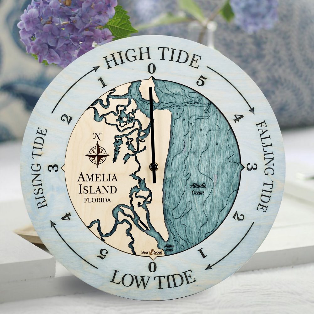 Amelia Island Tide Clock Bleach Blue Accent with Blue Green Water on Table with Flowers