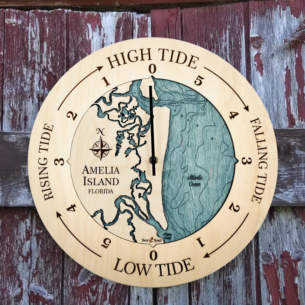 Amelia Island Tide Clock Birch Accent with Blue Green Water Hanging on Fence