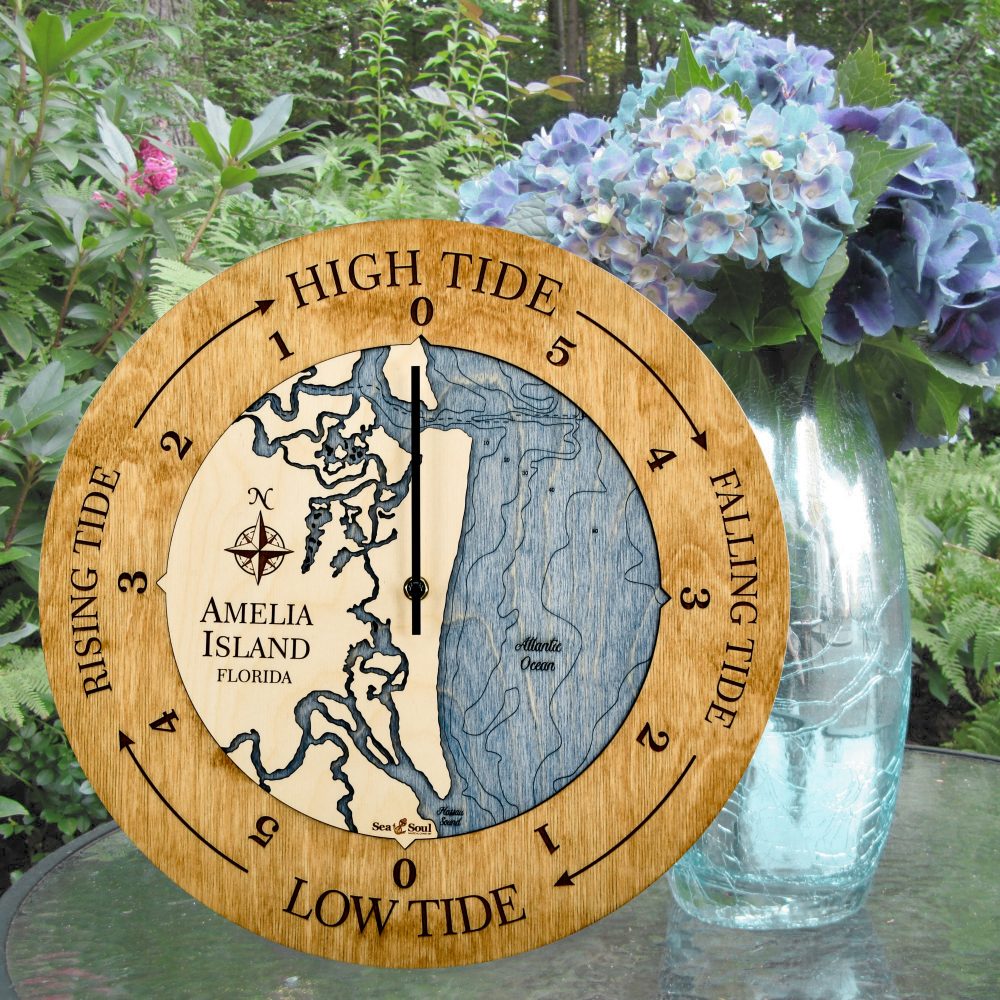 Amelia Island Tide Clock Honey Accent with Deep Blue Water on Table with Flowers